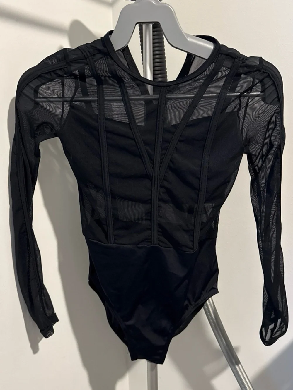 Weissman Black Mesh Long-Sleeve One-Piece Leotard